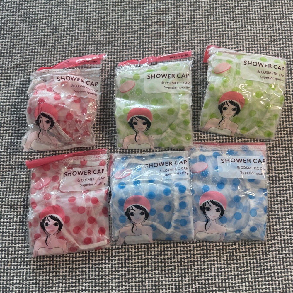 6 Pack Waterproof Reusable Shower Caps Polka Dot Lace Elastic Hair Caps